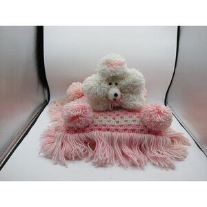 Adorable Vintage Handmade Pom-Pom Poodle Dog On Pink Crochet Mat With Fringe - U